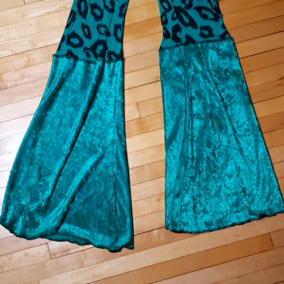 Leopard Print Velour Turquoise/Emerald Festival Dance Burning Man Rave Pants - Picture 7 of 9